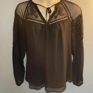 TORRID Sz 1X Black Embroidered Chiffon Full Sleeve Peasant Top Tunic